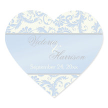 青とアイボリーのダマスクのハート形結婚のシール