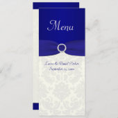 青とアイボリーのダマスクの結婚式のメニューカード メニュー (正面/裏面)