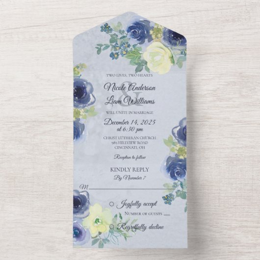 青とアイボリーのバラオン淡い色の青 オールインワン招待状 (内側)