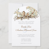 青とアイボリーのヴィンテージラブバードウェディングの招待 招待状 (正面)