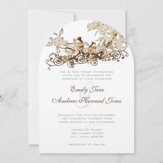 青とアイボリーのヴィンテージラブバードウェディングの招待 招待状 (正面)