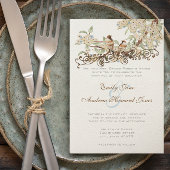 青とアイボリーのヴィンテージラブバードウェディングの招待 招待状