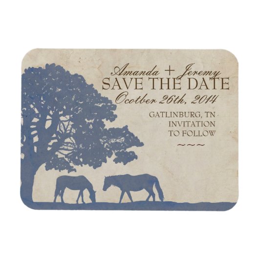 青とアイボリーのヴィンテージ馬ファーム日付を保存 マグネット (横)