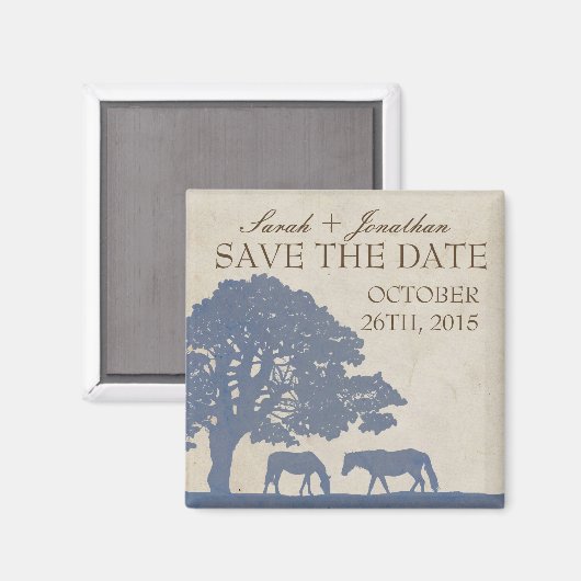 青とアイボリーのヴィンテージ馬ファーム日付を保存 マグネット (正面/裏面)