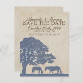 青とアイボリーのヴィンテージ馬ファーム日付を保存 案内ポストカード (正面/裏面)