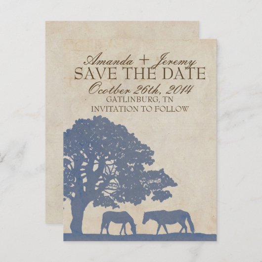 青とアイボリーのヴィンテージ馬ファーム日付を保存 案内ポストカード (正面/裏面)