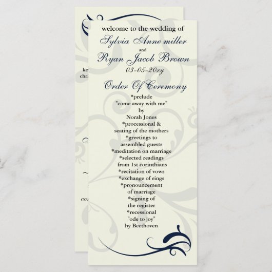 青とアイボリーの結婚式 プログラムラックカード プログラム (正面/裏面)