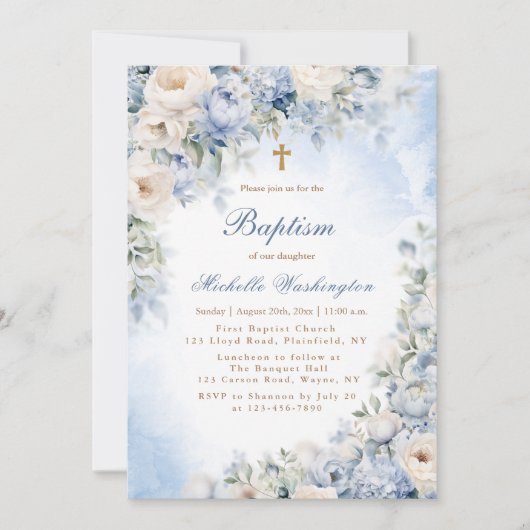 青とアイボリーフラワーバプテスマ招待状 招待状 (正面)
