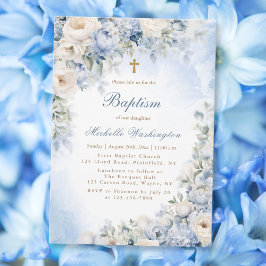 青とアイボリーフラワーバプテスマ招待状 招待状