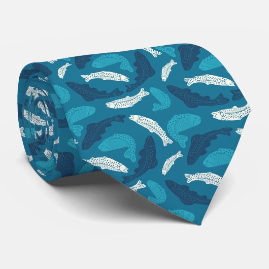 青とアイボリーマス、フィッシュパターン（の模様が）ある ネクタイ (ロール)