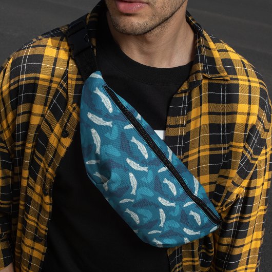 青とアイボリーマス、フィッシュパターン（の模様が）ある ファニーパック