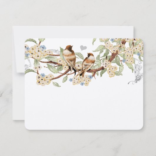 青とアイボリーヴィンテージラブバード結婚式RSVP 出欠カード (正面)