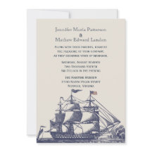 青とアイボリーヴィンテージ船結婚式招待状