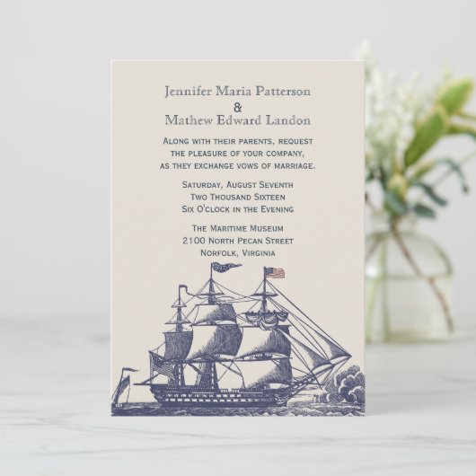 青とアイボリーヴィンテージ船結婚式招待状 招待状 (スタンド正面)