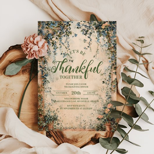 青とエレガントオレンジのフローラ感謝祭ディナー 招待状