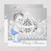 青とエレガント灰色のプリンスベビーシャワー 招待状 (正面/裏面)