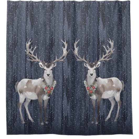 青とエレガント灰色の雪のトナカイのクリスマス シャワーカーテン (正面)