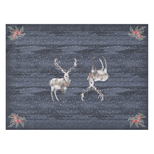青とエレガント灰色の雪のトナカイのクリスマス テーブルクロス (正面(横))