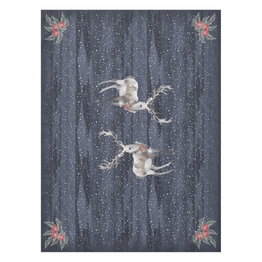 青とエレガント灰色の雪のトナカイのクリスマス テーブルクロス (正面)