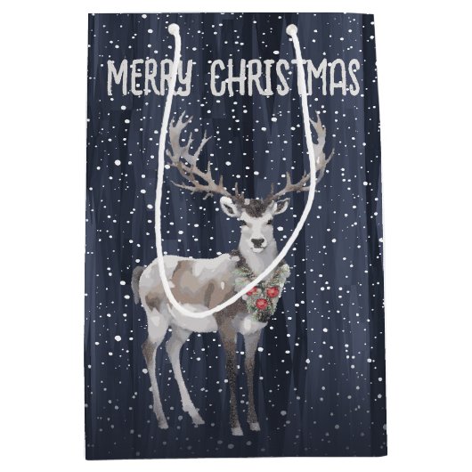 青とエレガント灰色の雪のトナカイのクリスマス ミディアムペーパーバッグ (正面)