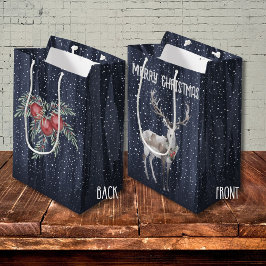 青とエレガント灰色の雪のトナカイのクリスマス ミディアムペーパーバッグ