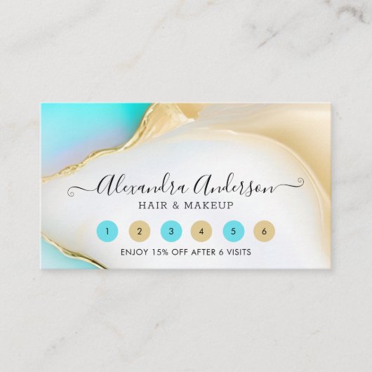 青とエレガント白のアゲート大理石金ゴールドアクセント ロイヤリティカード (正面)