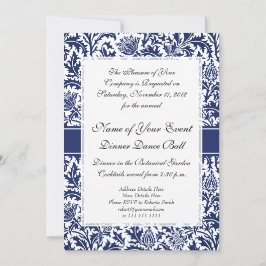 青とエレガント白のウィリアム・モリスフローラ 招待状 (裏面)