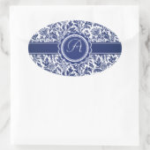 青とエレガント白のウィリアム・モリスフローラ 楕円形シール (バッグ)