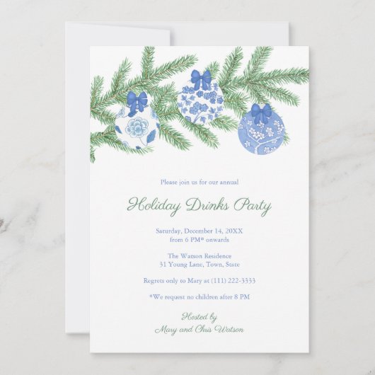 青とエレガント白のオーナメント休日パーティー 招待状 (正面)