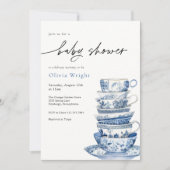 青とエレガント白のティーカップ赤ちゃんシャワー 招待状 (正面)