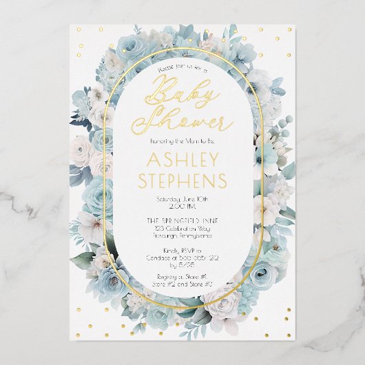 青とエレガント白のフローラ男の子のシャワー 箔招待状 (正面)