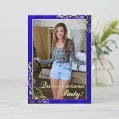 青とエレガント金ゴールドあなたの写真キンチェニェラ 招待状 (スタンド正面)