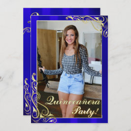 青とエレガント金ゴールドあなたの写真キンチェニェラ 招待状