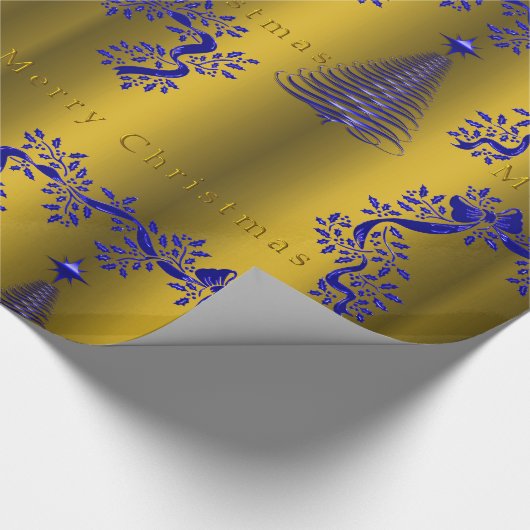 青とエレガント金ゴールドのクリスマス ラッピングペーパー (角)