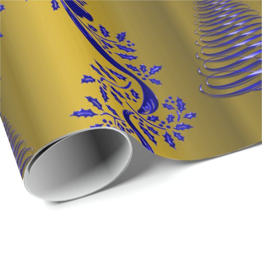 青とエレガント金ゴールドのクリスマス ラッピングペーパー (ロールコーナー)