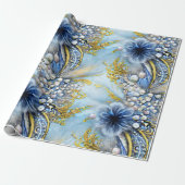 青とエレガント金ゴールドのフローラビーズ ラッピングペーパー (アンロールド)