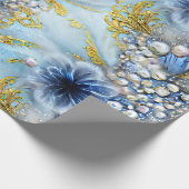 青とエレガント金ゴールドのフローラビーズ ラッピングペーパー (角)
