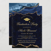 青とエレガント金ゴールドの大理石ゲート卒業 招待状 (正面/裏面)