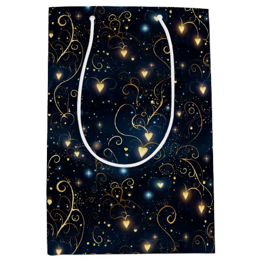 青とエレガント金ゴールドの宇宙白熱［赤熱］光を放つハート ミディアムペーパーバッグ (正面)