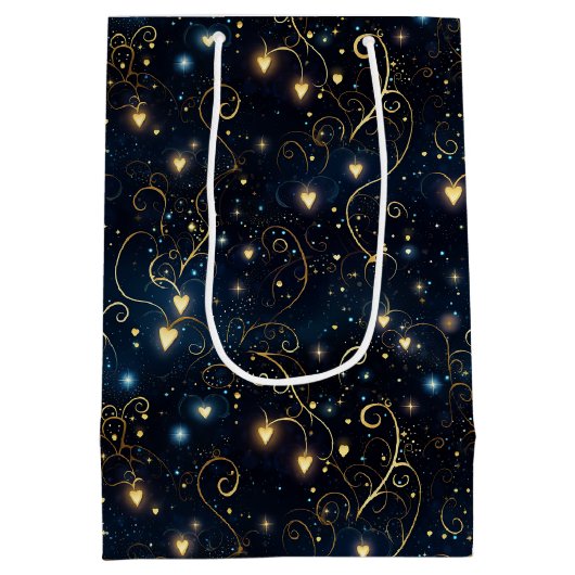 青とエレガント金ゴールドの宇宙白熱［赤熱］光を放つハート ミディアムペーパーバッグ (裏面)
