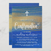 青とエレガント金ゴールドの少年確認 招待状 (正面/裏面)