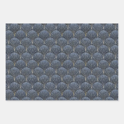 青とエレガント金ゴールドアールデコパターンの切り替え ラッピングペーパーシート (正面)