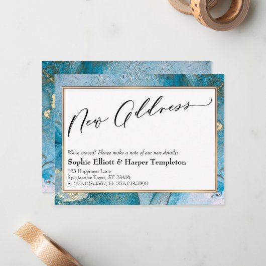 青とエレガント金ゴールドインクの新しいアドレスのお知らせ ノートカード (正面/裏面インサイチュ)