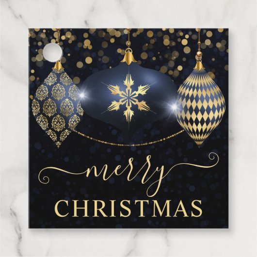 青とエレガント金ゴールドオーナメントバウブルクリスマス フェイバータグ (正面)