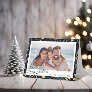 青とエレガント金ゴールドクリスマスリーフ折り畳み写真 シーズンカード