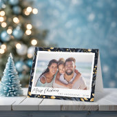 青とエレガント金ゴールドクリスマスリーフ折り畳み写真 シーズンカード