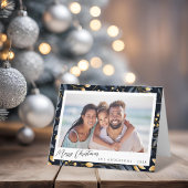 青とエレガント金ゴールドクリスマスリーフ折り畳み写真 シーズンカード