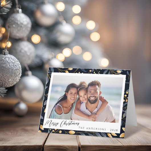 青とエレガント金ゴールドクリスマスリーフ折り畳み写真 シーズンカード