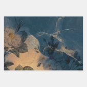 青とエレガント金ゴールドフローラヴィンテージ ラッピングペーパーシート (正面3)