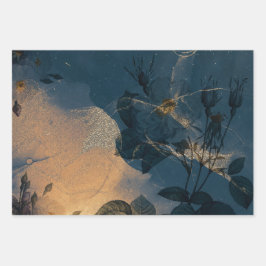 青とエレガント金ゴールドフローラヴィンテージ ラッピングペーパーシート